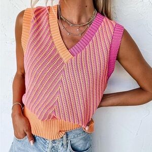 Vibrant Pink and Orange V-Neck Chevron Sleeveless Knit Sweater Tank Top